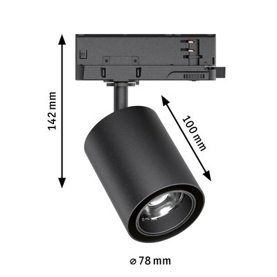 Black metal LED spotlight with 78 mm diameter and 142 mm height for modern indoor lighting solutions.