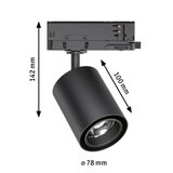 Black metal LED spotlight with 78 mm diameter and 142 mm height for modern indoor lighting solutions.
