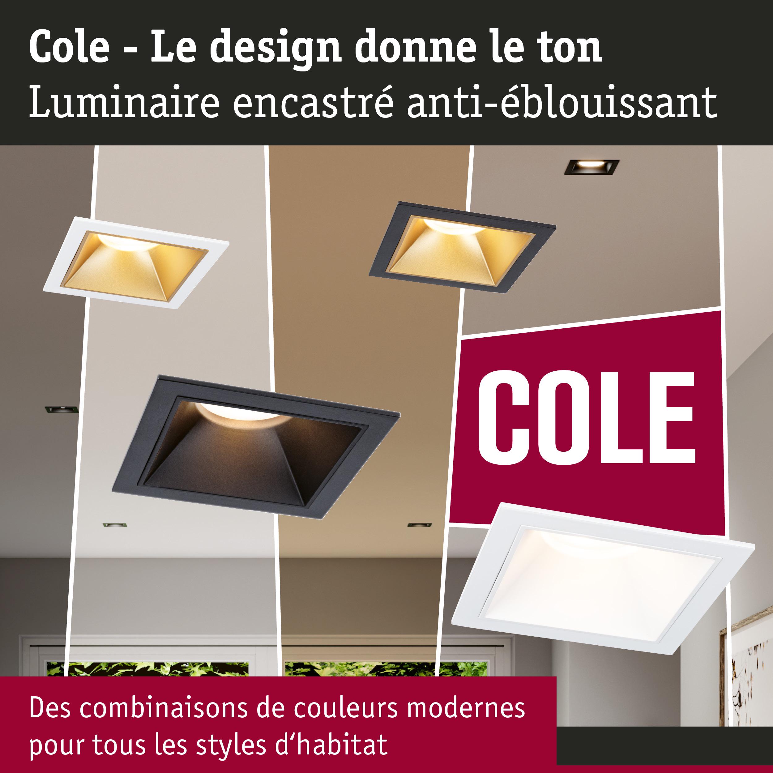 Luminaire encastré Cole carré en noir et blanc avec design anti-éblouissant pour styles d'habitat modernes