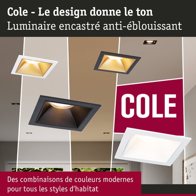 Luminaire encastré Cole carré en noir et blanc avec design anti-éblouissant pour styles d'habitat modernes