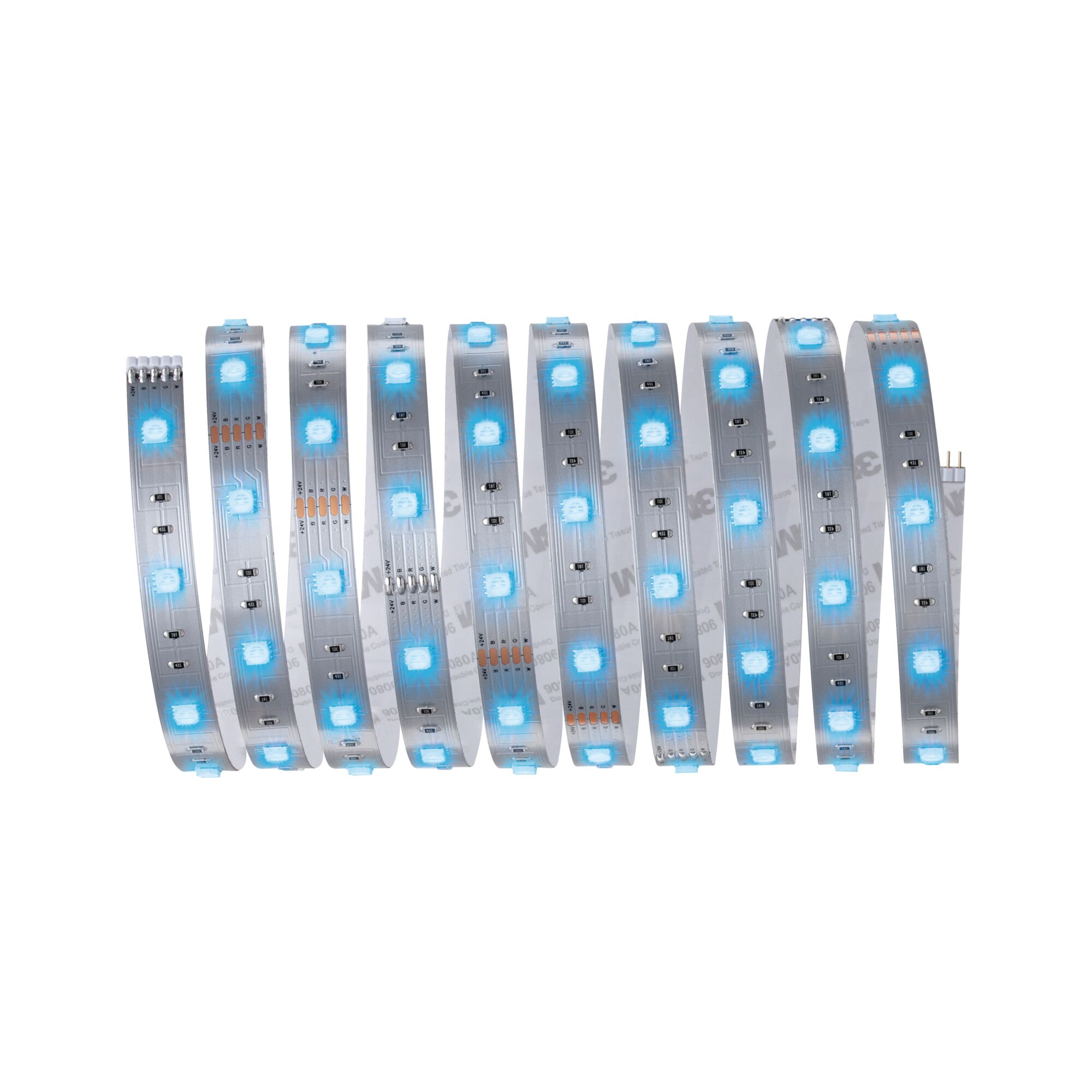 Flexible LED strip light with blue LEDs on transparent base for modern lighting accents.