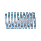 Flexible LED strip light with blue LEDs on transparent base for modern lighting accents.