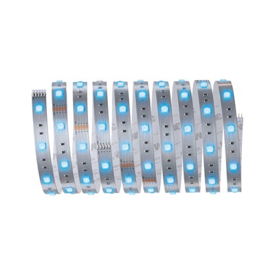 Flexible LED strip light with blue LEDs on transparent base for modern lighting accents.