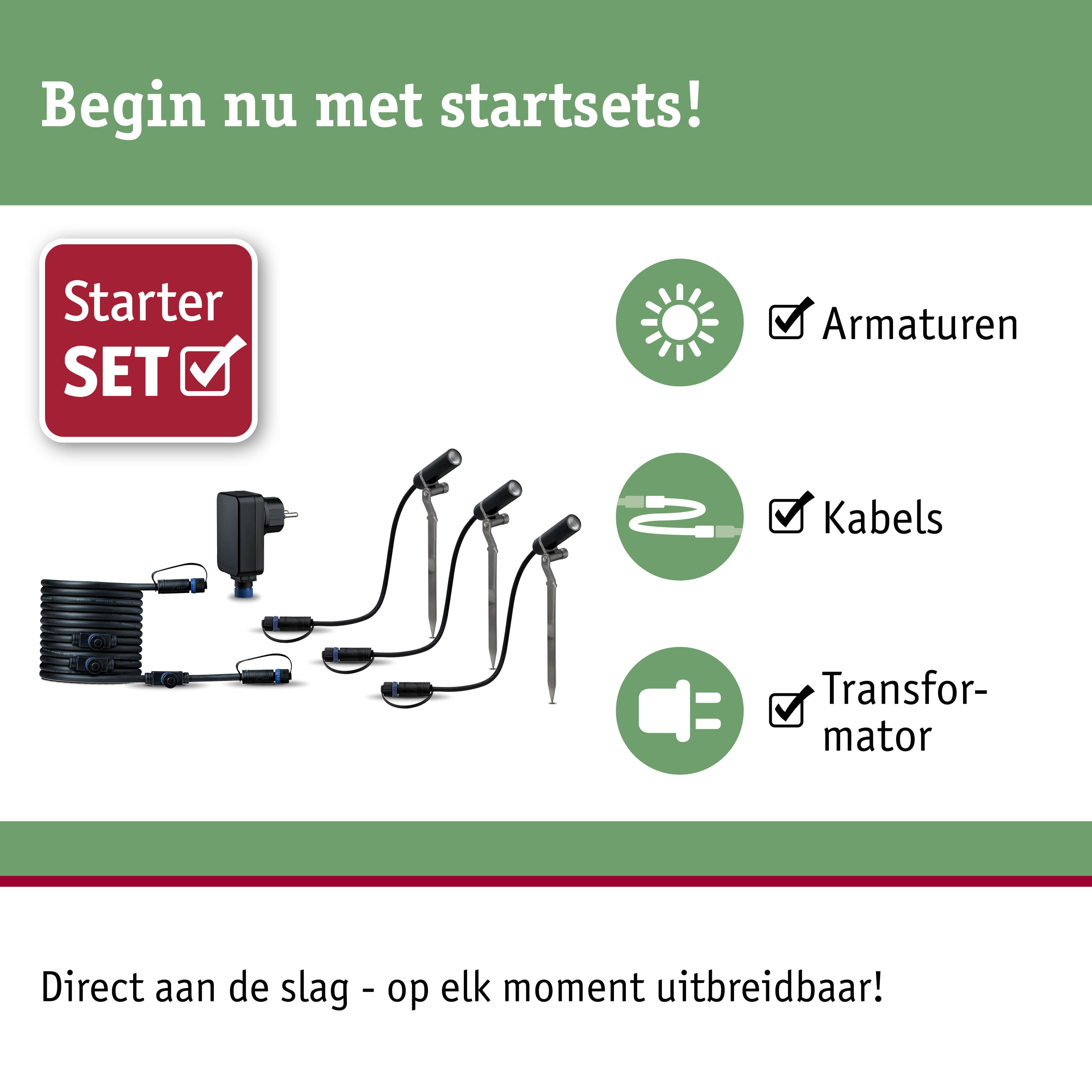Starterset met drie zwarte LED-tuinschijnwerpers, kabels en transformator voor buitenverlichting