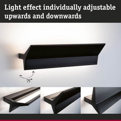 Black adjustable metal wall light with individually adjustable upward and downward light effect at 75 degrees