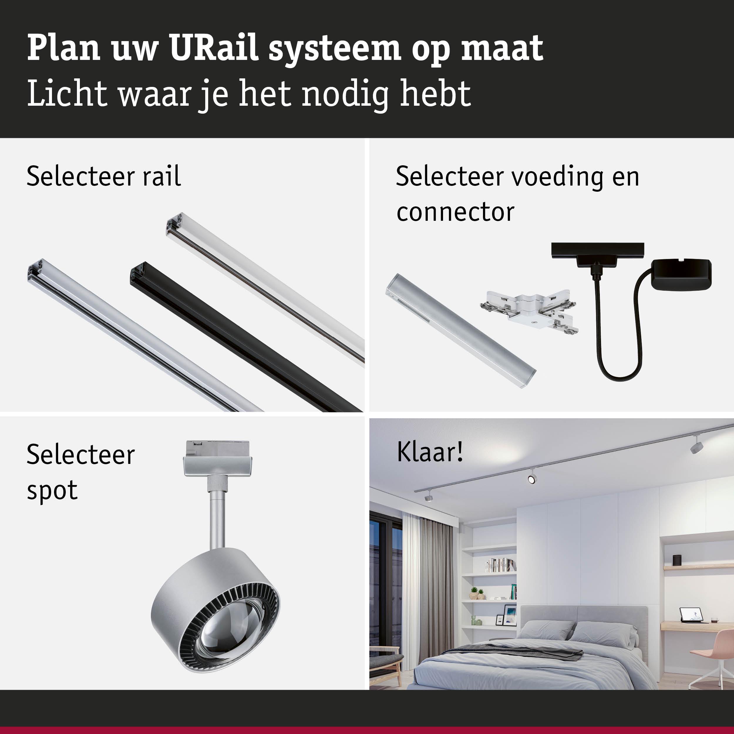Modulair URail aluminium railsysteem met connectoren en zilveren LED-spot voor aanpasbare woonverlichting
