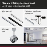 Modulair URail aluminium railsysteem met connectoren en zilveren LED-spot voor aanpasbare woonverlichting
