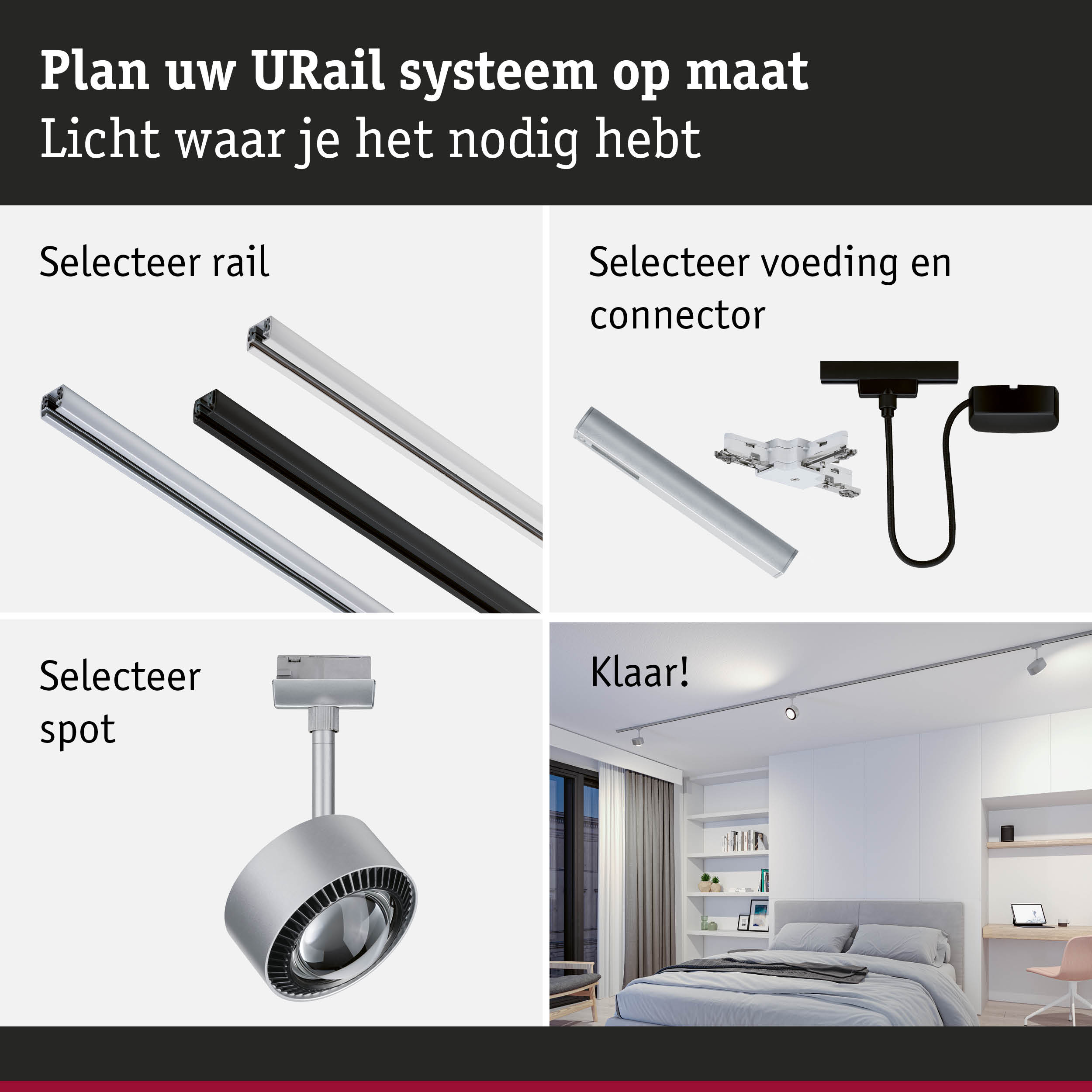 Modulair URail railsysteem met aluminium rails in zwart en wit voor flexibele LED-verlichting