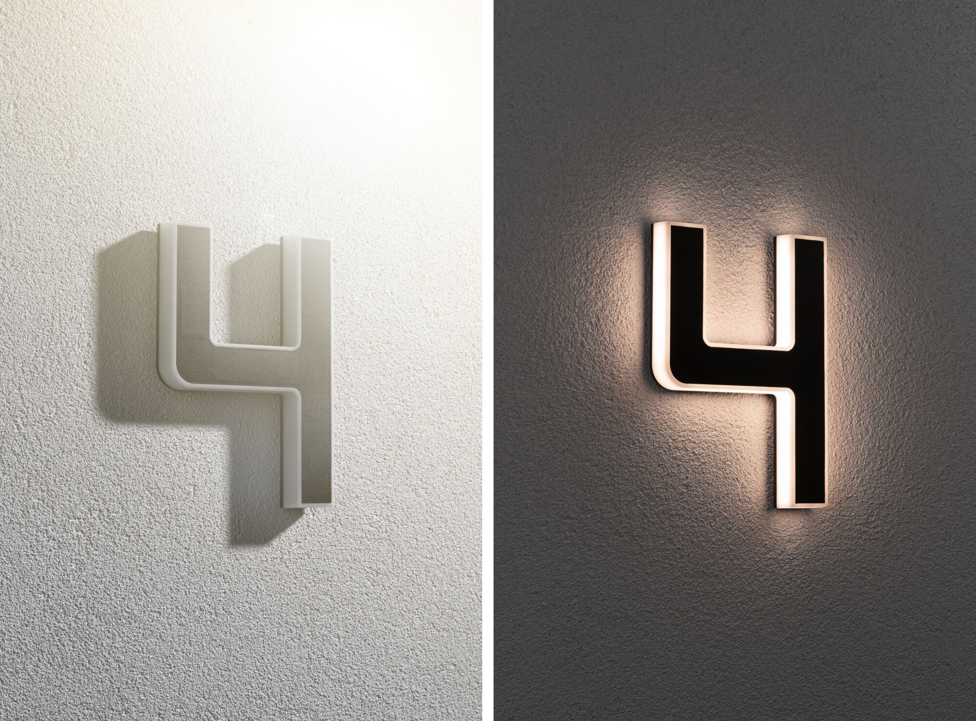 Modern house number 4 in black with white LED lighting on textured wall surface.