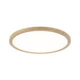 Ronde plafondlamp met helder diffusor en natuurlijke houten rand voor woonruimtes.