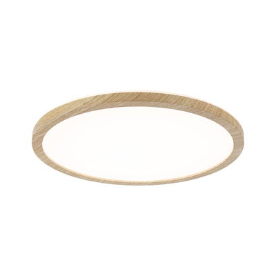 Plafonnier rond avec diffuseur lumineux et cadre en bois naturel pour pièces à vivre.