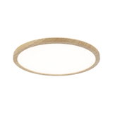 Round ceiling light with bright diffuser and natural wood frame for living spaces.
