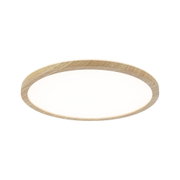 Round ceiling light with bright diffuser and natural wood frame for living spaces.