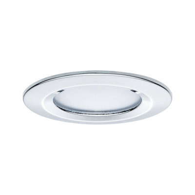 Round recessed light fixture in shiny chrome for modern LED ceiling lighting.