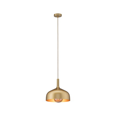 Modern pendant light in gold metal with exposed bulb for elegant interior lighting and decor