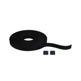 Black textile tape with two black plastic end caps for cable management and fastening