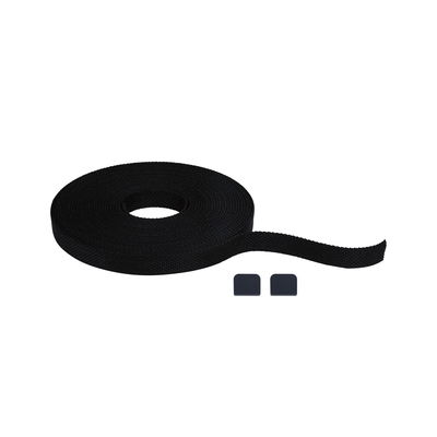 Black textile tape with two black plastic end caps for cable management and fastening
