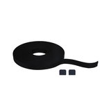 Black textile tape with two black plastic end caps for cable management and fastening