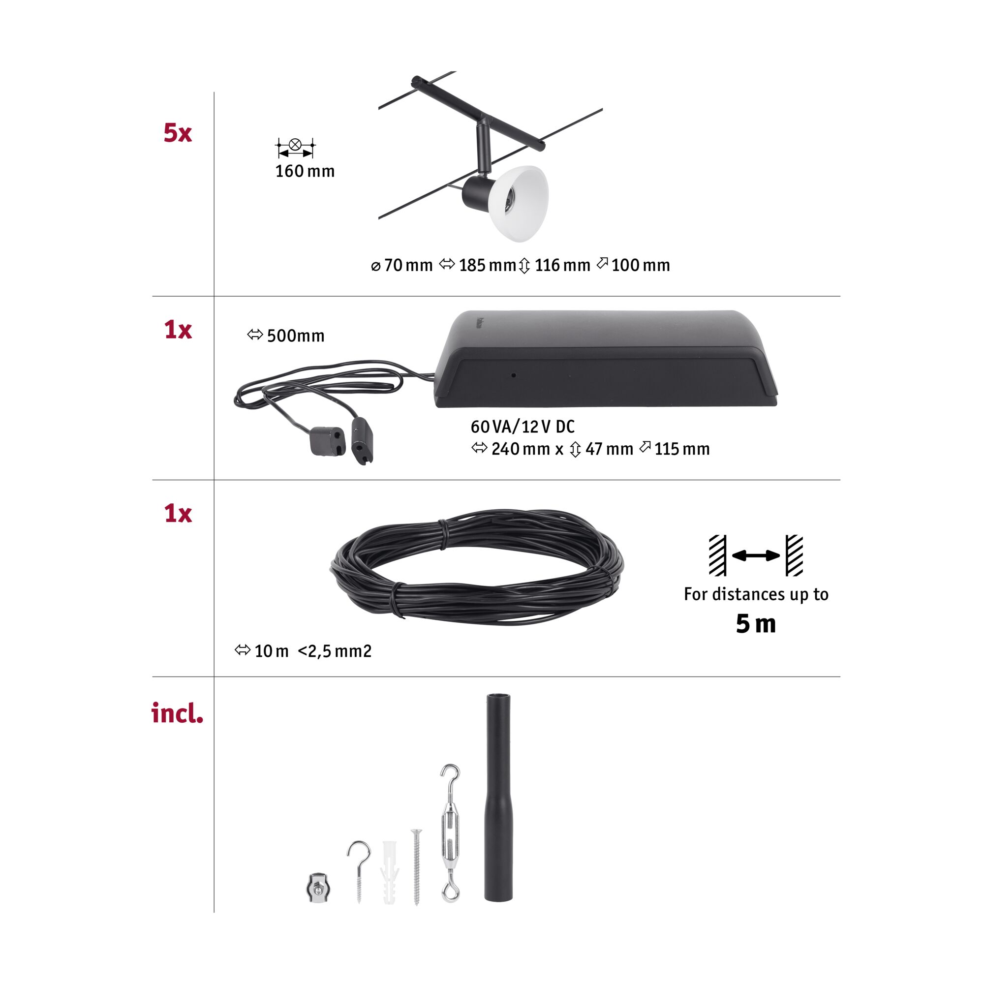 Schwarzes LED-Seilsystem mit weißem Lampenschirm und Zubehör für flexible Beleuchtungssysteme