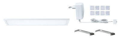 Flaches weißes LED-Paneel mit Netzteil, Metallhalterungen und Klebepads für moderne Beleuchtung