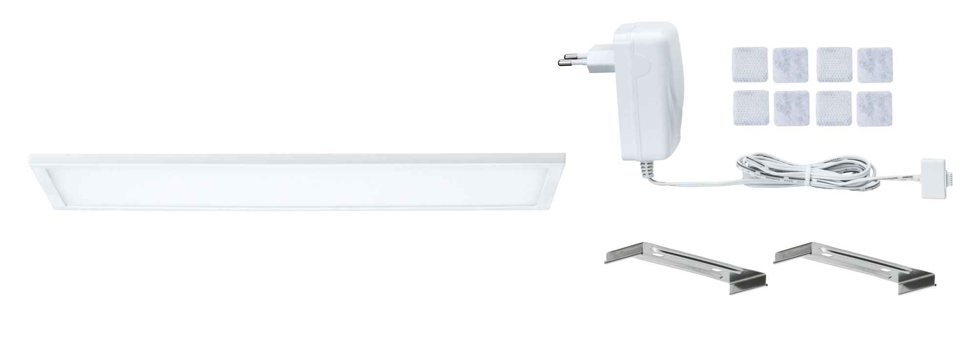 Panneau LED blanc plat avec adaptateur secteur, supports métalliques et tampons adhésifs pour éclairage moderne