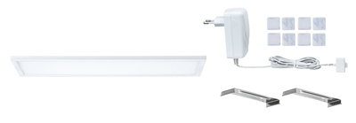 Flat white LED panel with power adapter, metal brackets, and adhesive pads for modern lighting