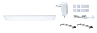 Flat white LED panel with power adapter, metal brackets, and adhesive pads for modern lighting