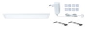 Flat white LED panel with power adapter, metal brackets, and adhesive pads for modern lighting