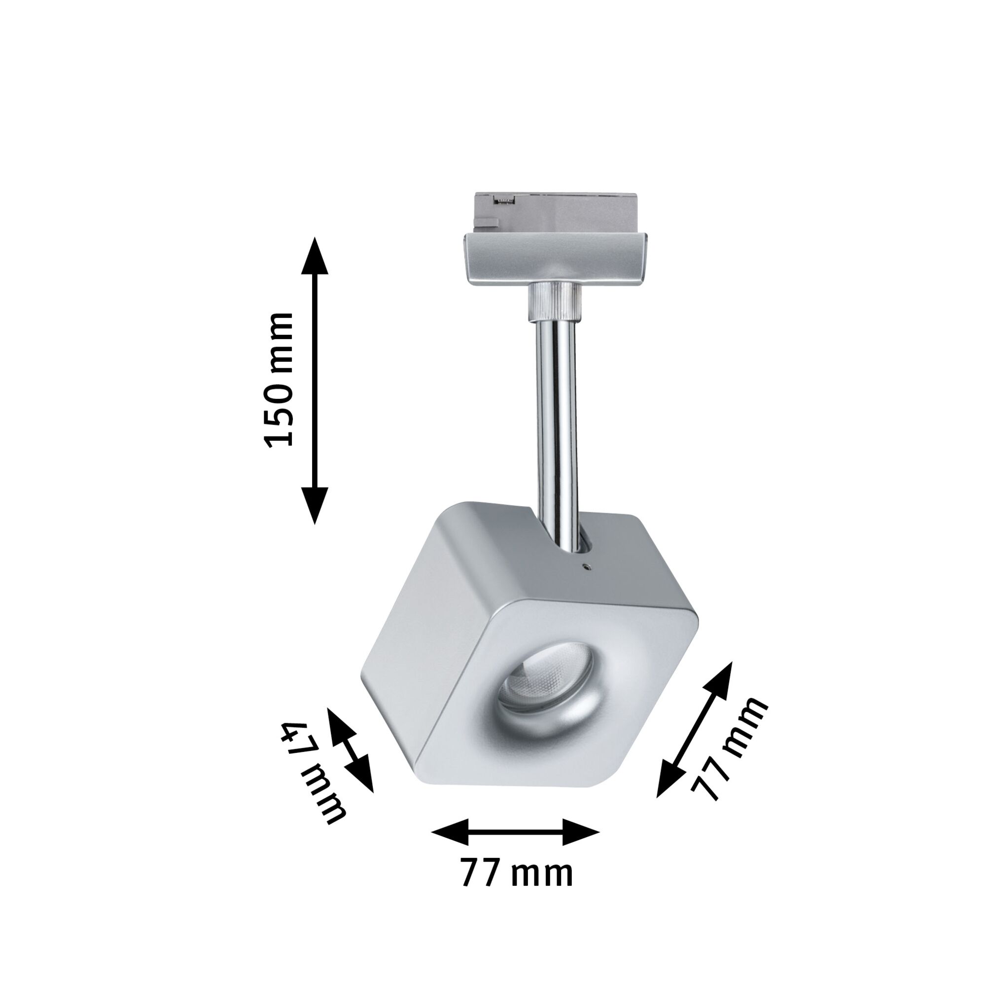 Moderner silberner LED-Strahler aus Metall mit Maßen 77x77x47 mm und 150 mm Stablänge