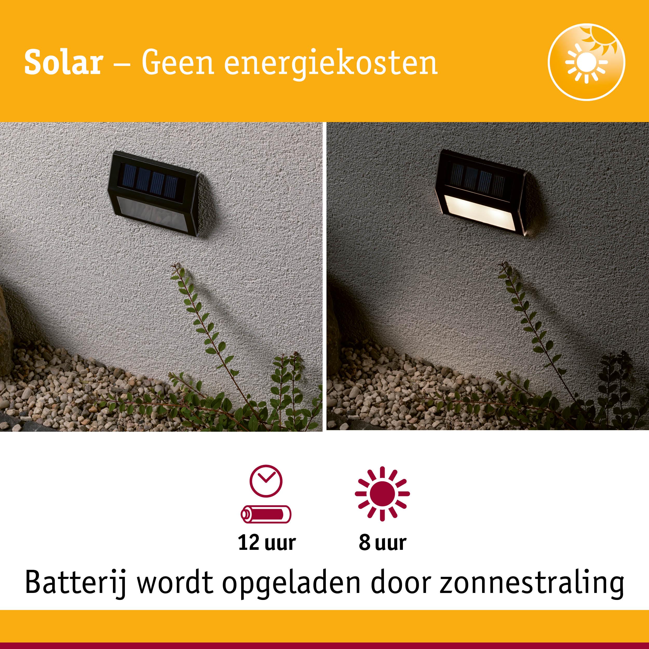 Zwart zonne-energie buitenwandlamp met batterij en 12 uur brandduur
