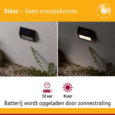 Zwart zonne-energie buitenwandlamp met batterij en 12 uur brandduur