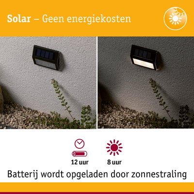 Zwart zonne-energie buitenwandlamp met batterij en 12 uur brandduur