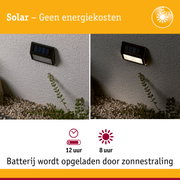 Zwarte solar wandlamp op grijze muur, dag- en nachtzicht, energiezuinige buitenverlichting met zonnepaneel