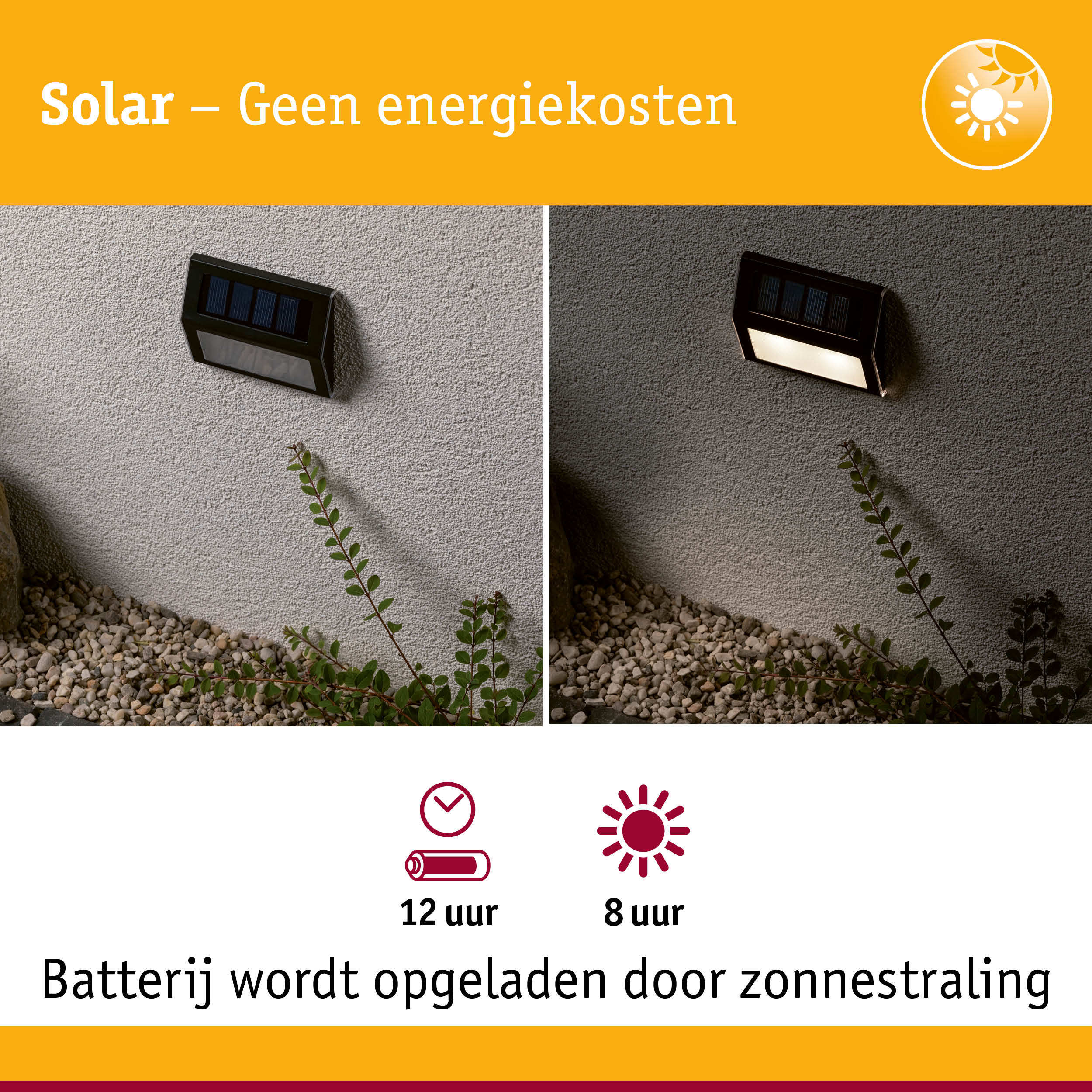 Zwarte solar wandlamp op grijze muur, dag- en nachtzicht, energiezuinige buitenverlichting met zonnepaneel