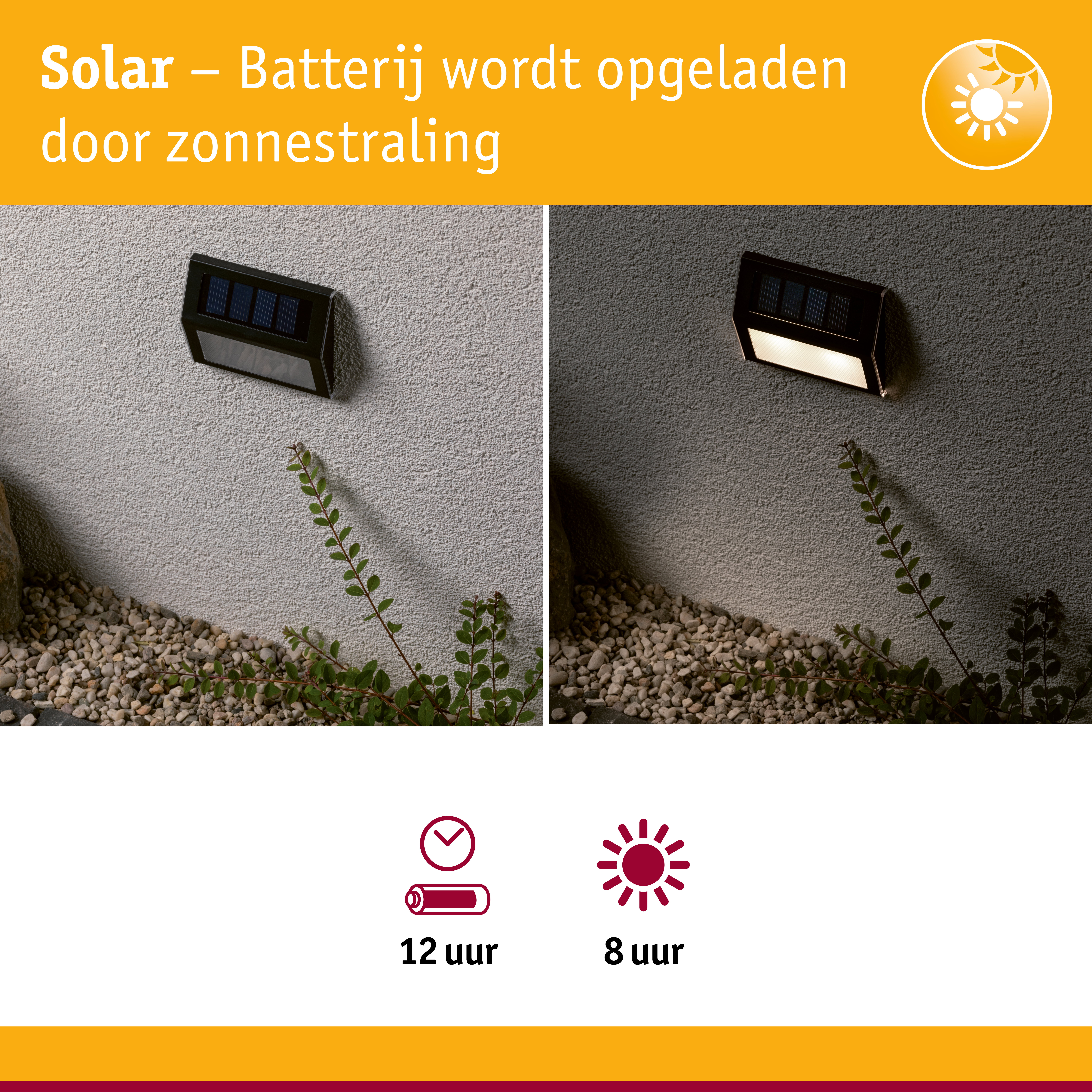 Zwarte solar wandlamp op grijze muur, dag- en nachtzicht, energiezuinige buitenverlichting met zonnepaneel