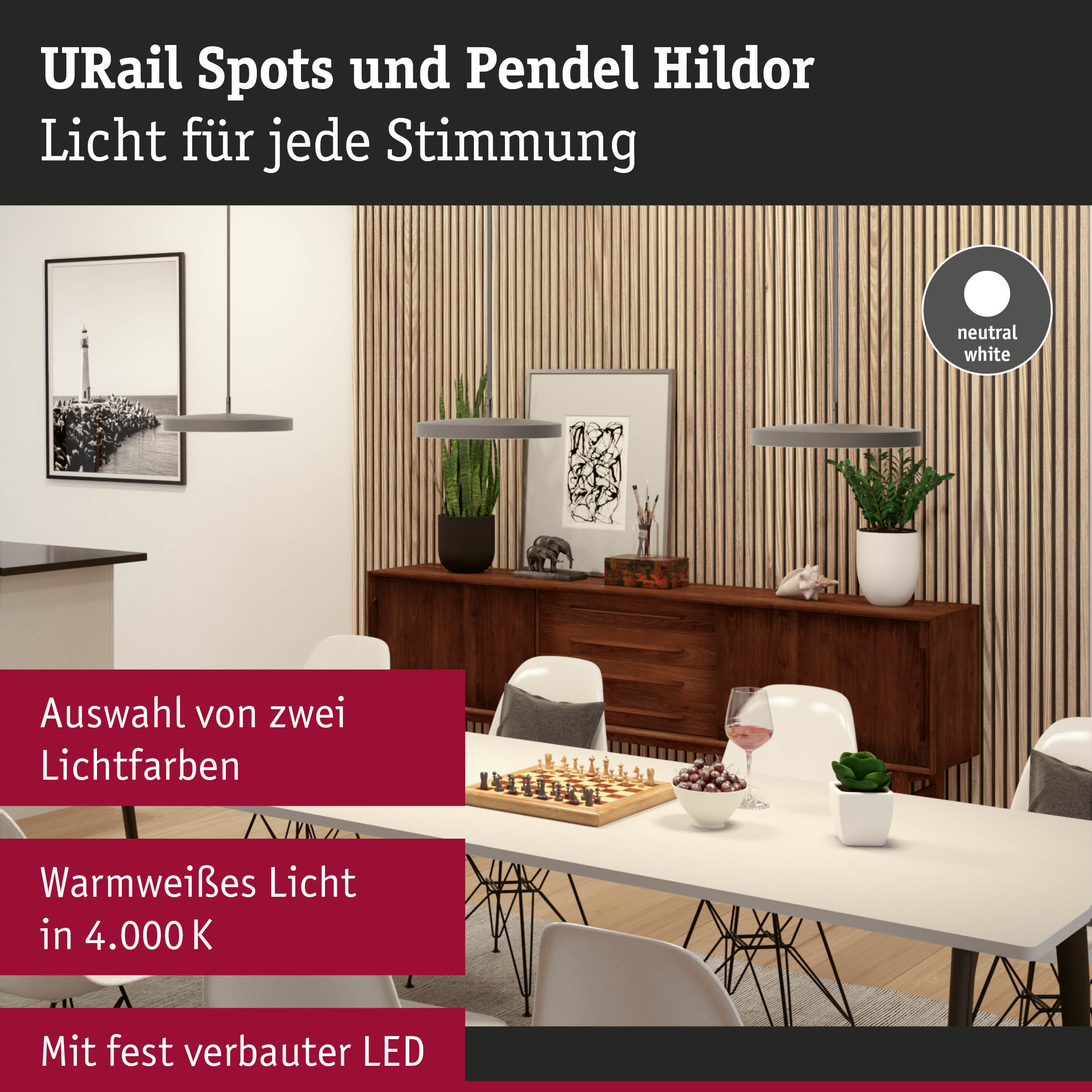 Moderne Pendelleuchten in Grau mit neutralweißem Licht über Esstisch in stilvollem Esszimmer