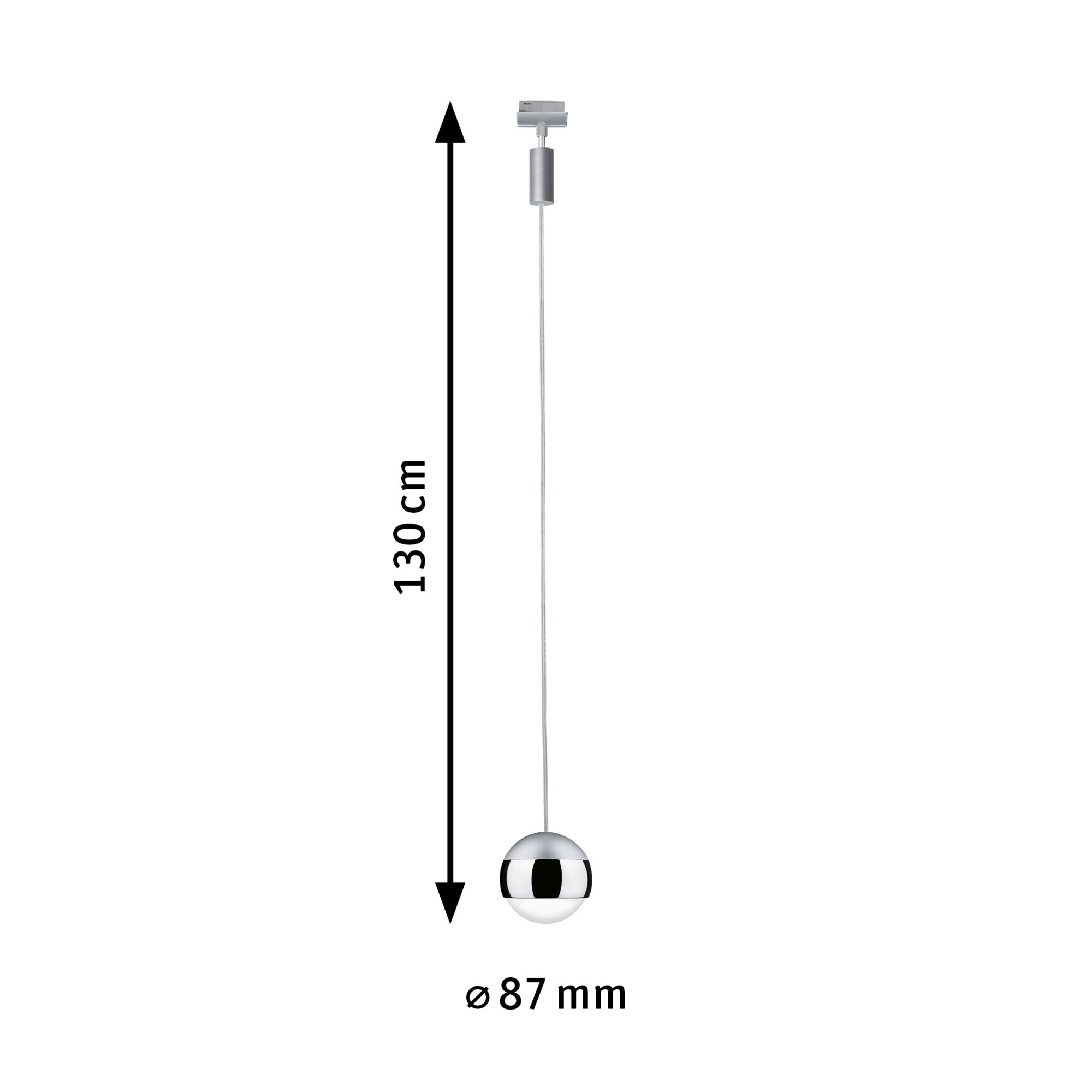 Modern pendant light with 87 mm diameter and 130 cm length in chrome for stylish room lighting