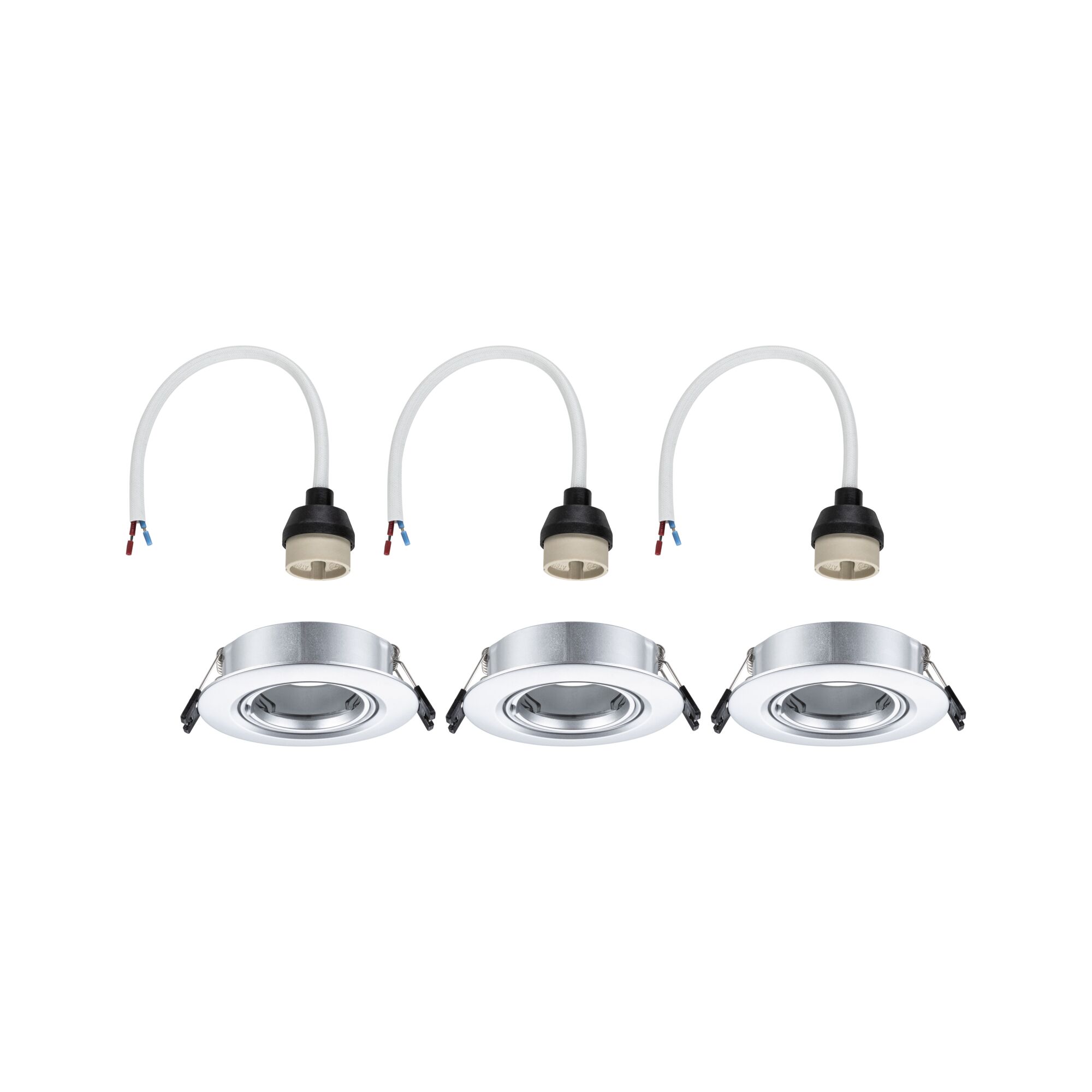 Three round silver metal recessed spotlights with white cable connectors for LED lighting