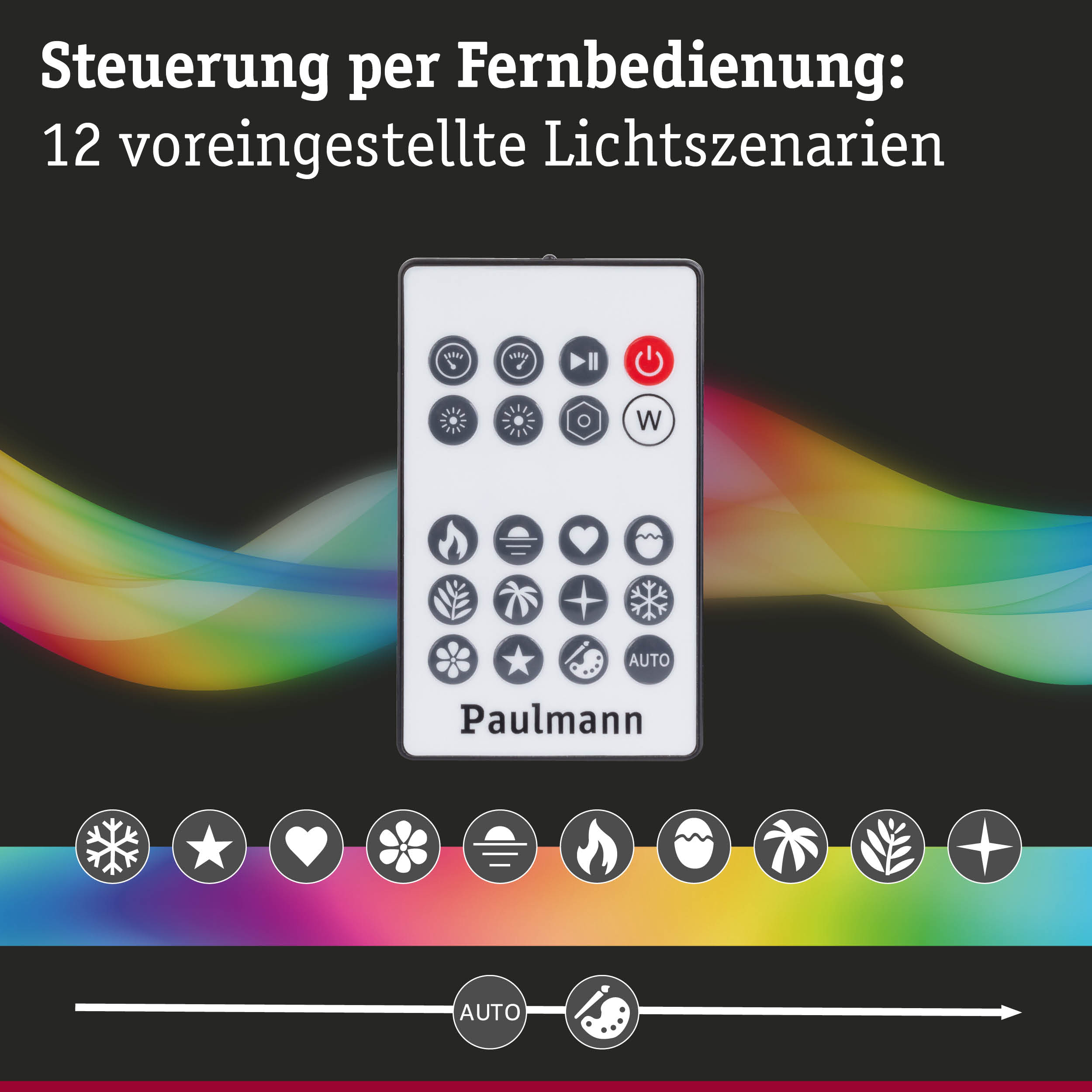 Weiße Fernbedienung mit Symboltasten für 12 voreingestellte Licht-Szenarien und Steuerung