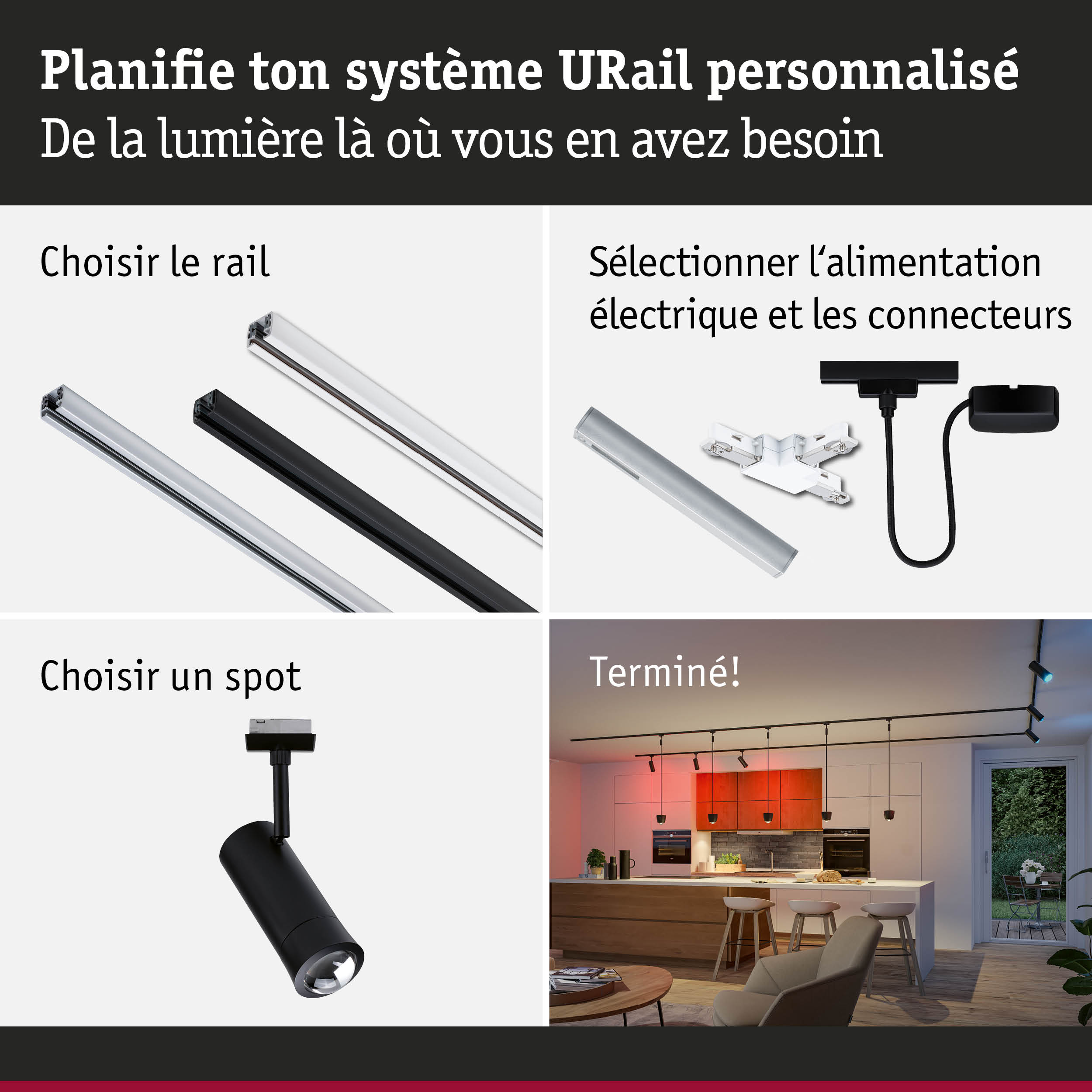 Système modulaire URail avec alimentation, rails noirs et blancs, et spots pour éclairage personnalisable
