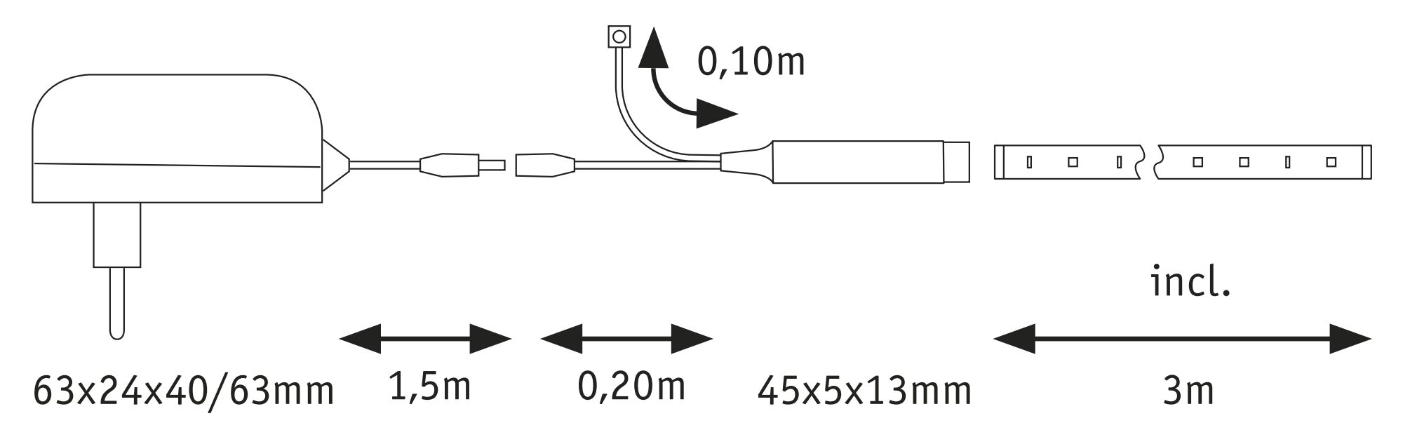 Teknisk tegning af LED-strip strømforsyning med mål og kabellængder til LED-belysning