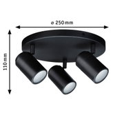 Black ceiling light with three adjustable metal spotlights, 250 mm diameter, 110 mm height