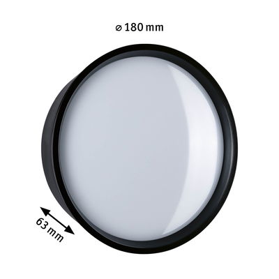 Round LED ceiling light with black frame and white diffuser, 180 mm diameter, 63 mm depth