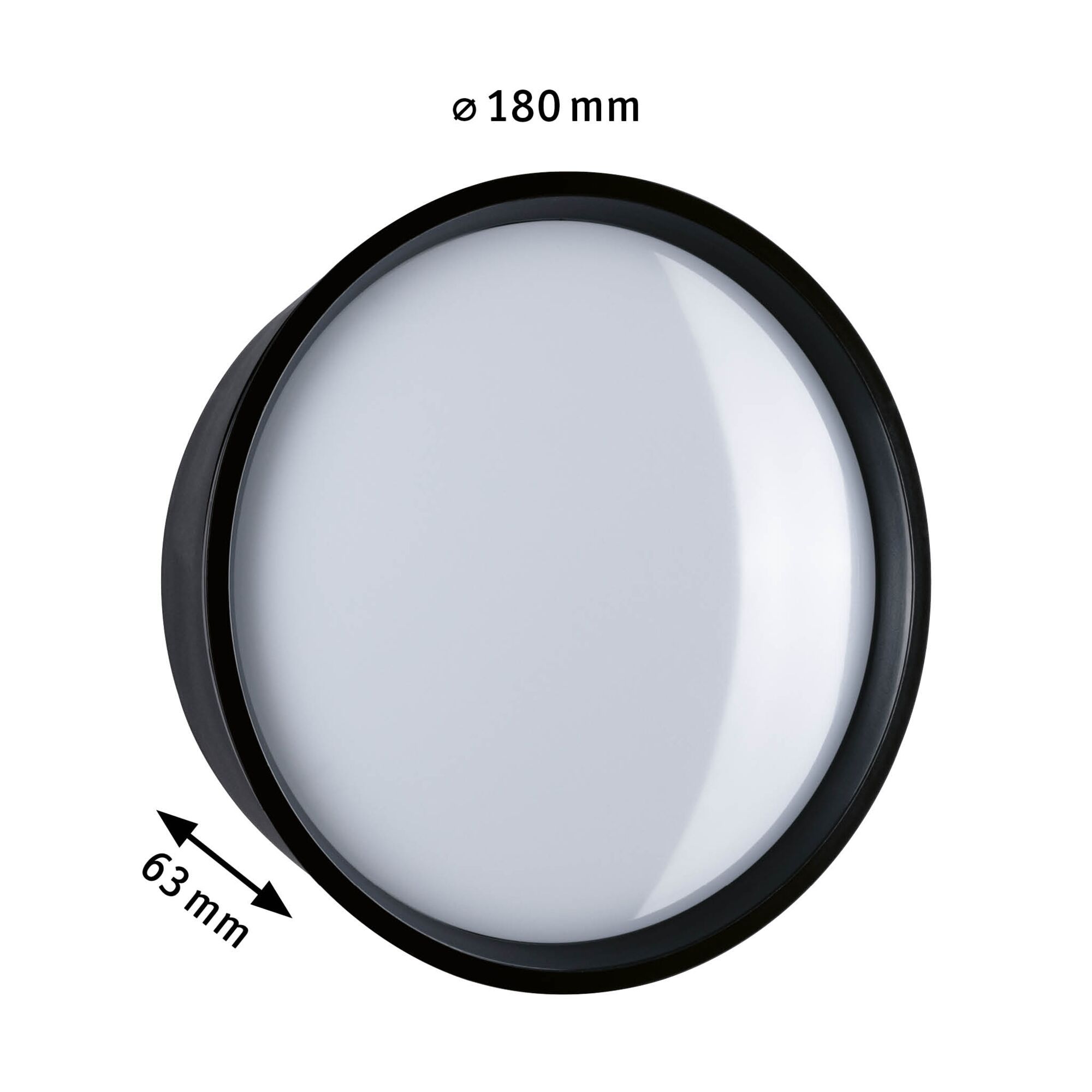 Runde LED-Deckenleuchte mit schwarzem Rahmen und weißem Diffusor, 180 mm Durchmesser, 63 mm tief