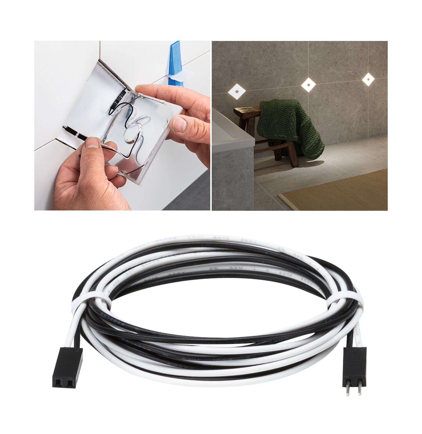 Black and white LED connection cable with two plugs for easy installation of recessed lights