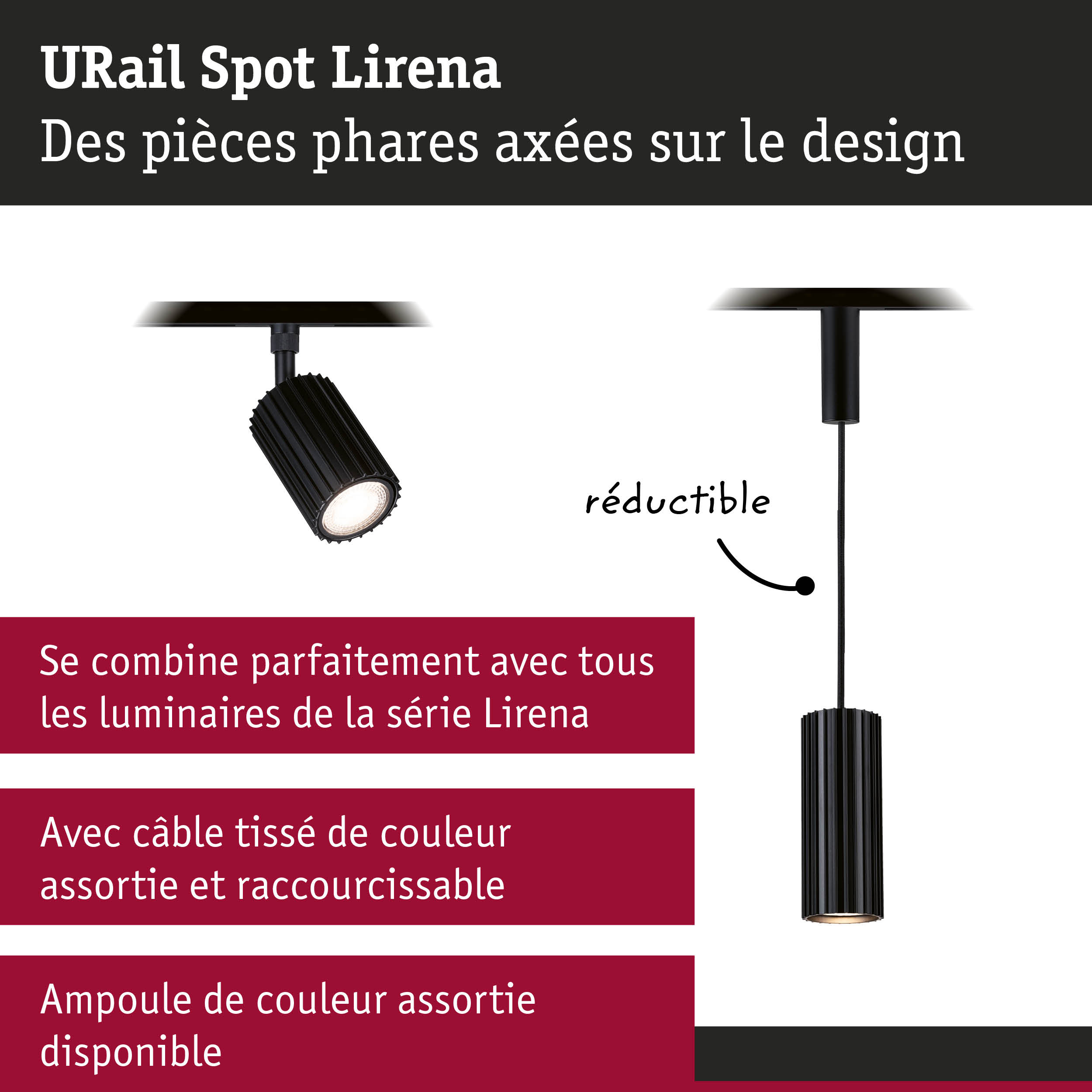 Spot URail Lirena noir en métal avec câble réglable et éclairage LED pour intérieur