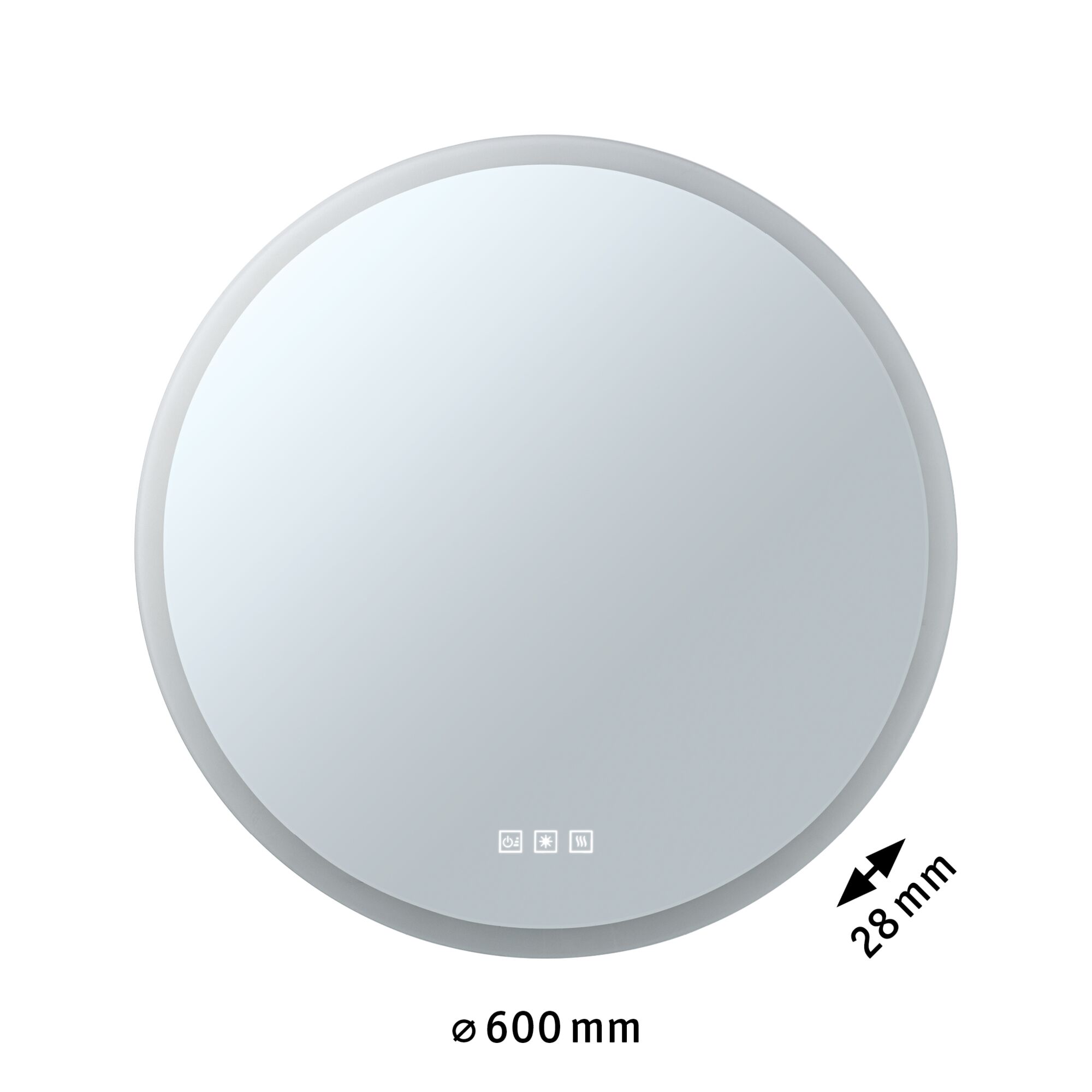 Miroir rond LED pour salle de bain avec commande tactile, diamètre 600 mm, finition blanche.