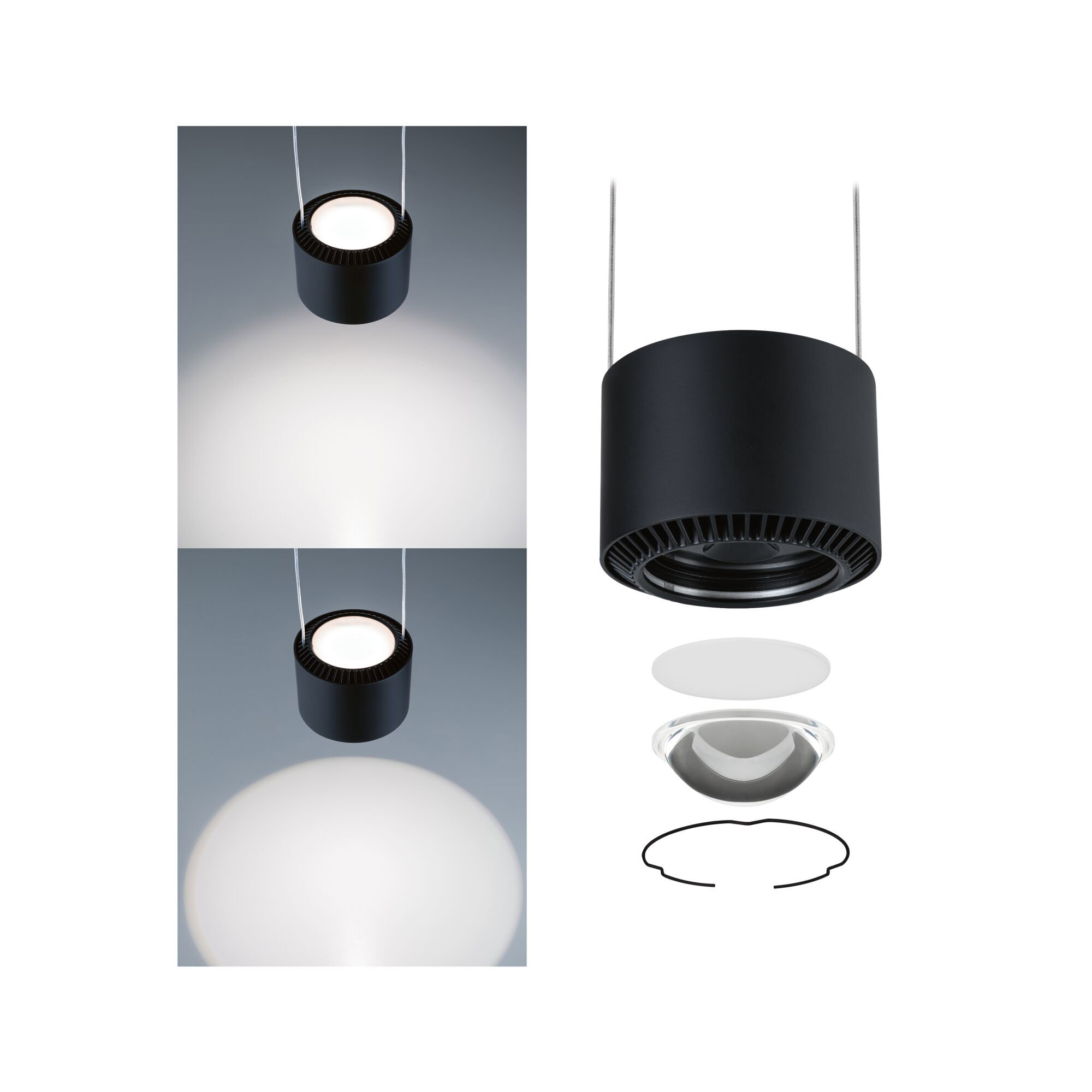 Schwarze LED-Pendelleuchte mit runder Form und austauschbaren Linsen für verschiedene Lichtkreise