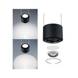 Black LED pendant light with round shape and interchangeable lenses for adjustable light circles