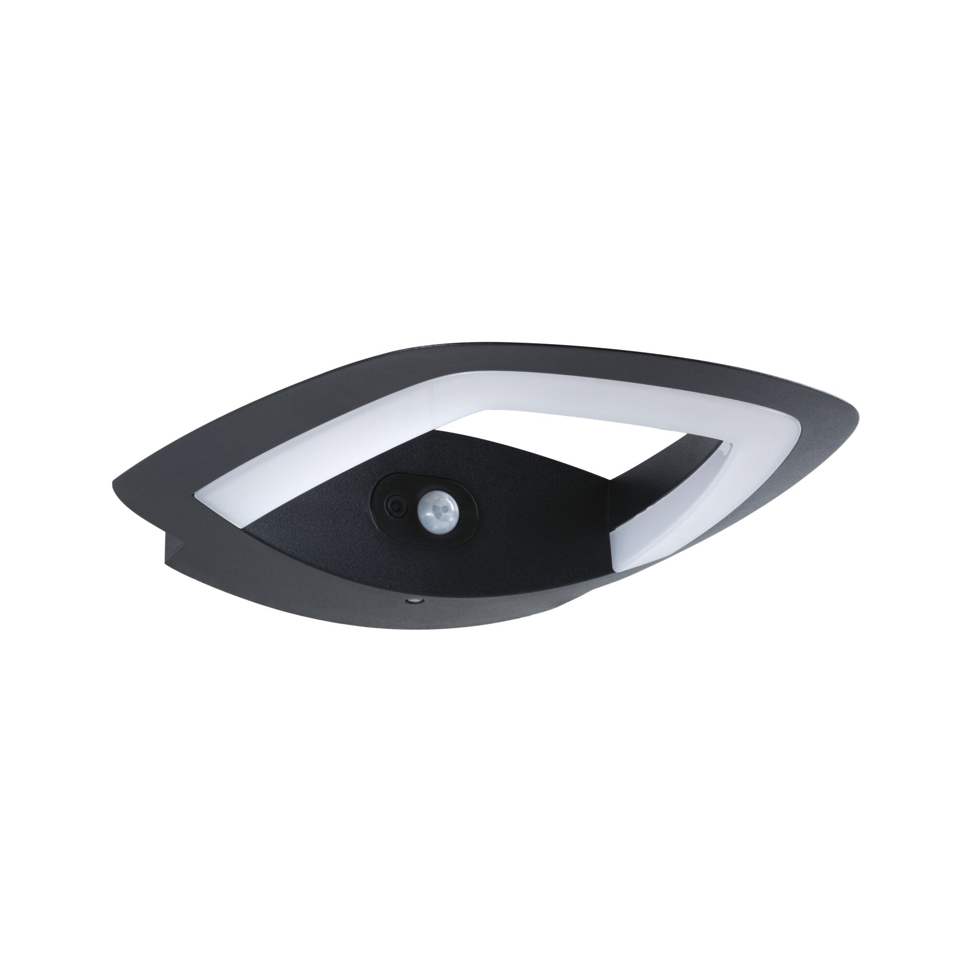 Black LED outdoor wall light with motion sensor and white plastic light ring for garden lighting